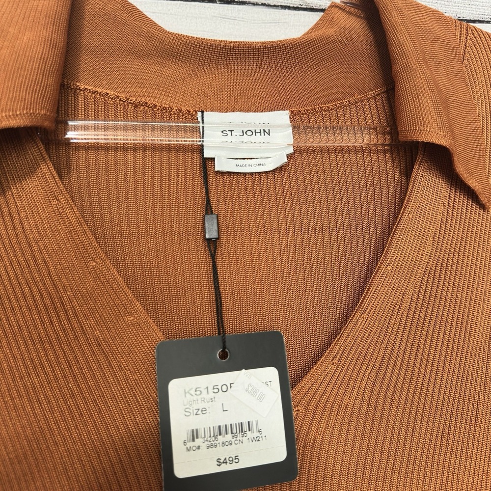 St. John NWT Ribbed Knit V-Neck Sweater Blouse Orange Sz Large Party Modern $495 - Picture 6 of 9
